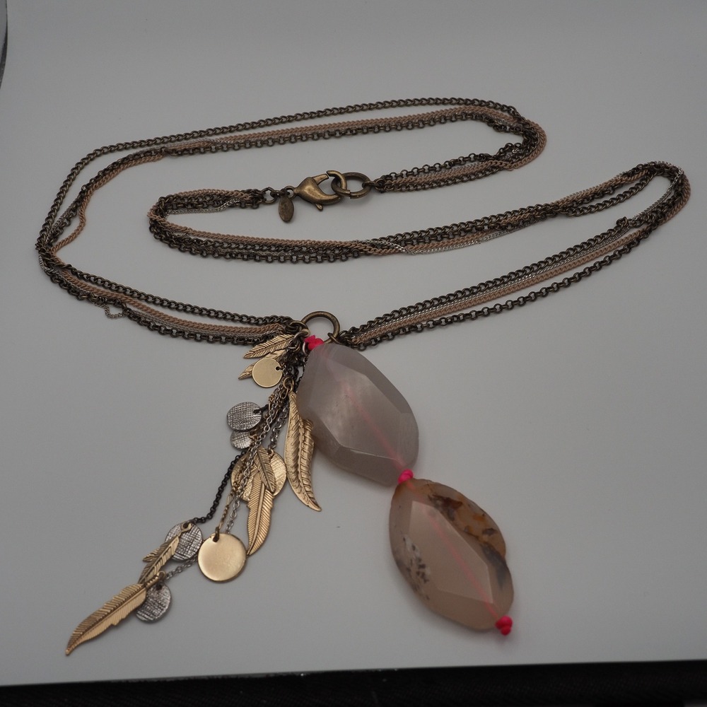 Express Multi Strand Necklace Layered Textured Feather Disc Tassel Stone Pendant